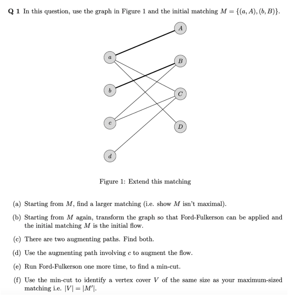 Q 1 In this question, use the graph in Figure 1 and the initial matching M = {(a, A), (b, B)}.
A
b
d
B
D
Figure 1: Extend this matching
(a) Starting from M, find a larger matching (i.e. show M isn't maximal).
(b) Starting from M again, transform the graph so that Ford-Fulkerson can be applied and
the initial matching M is the initial flow.
(c) There are two augmenting paths. Find both.
(d) Use the augmenting path involving c to augment the flow.
(e) Run Ford-Fulkerson one more time, to find a min-cut.
(f) Use the min-cut to identify a vertex cover V of the same size as your maximum-sized
matching i.e. |V| = |M'|.