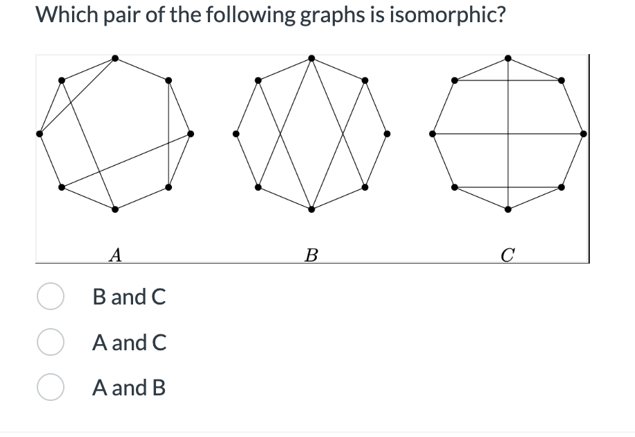 Which pair of the following graphs is isomorphic?
A
OB and C
A and C
A and B
O
B
с