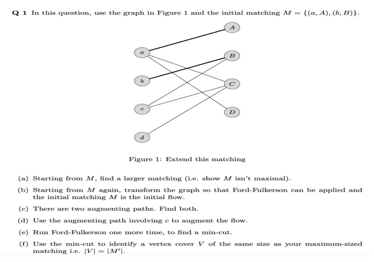 Q 1 In this question, use the graph in Figure 1 and the initial matching M = {(a, A), (b, B)}.
A
d
B
D
Figure 1: Extend this matching
(a) Starting from M, find a larger matching (i.e. show M isn't maximal).
(b) Starting from M again, transform the graph so that Ford-Fulkerson can be applied and
the initial matching M is the initial flow.
(c) There are two augmenting paths. Find both.
(d) Use the augmenting path involving c to augment the flow.
(e) Run Ford-Fulkerson one more time, to find a min-cut.
(f) Use the min-cut to identify a vertex cover V of the same size as your maximum-sized
matching i.e. |V| = |M'|.