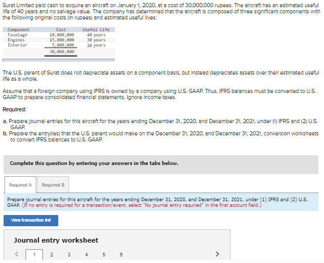 Surat Limited paid cash to acquire an aircraft on January 1, 2020, at a cost of 30,000,000 rupees. The aircraft has an estimated useful
life of 40 years and no salvage value. The company has determined that the aircraft is composed of three significant components with
the following original costs (in rupees) and estimated useful lives:
Component
Fuselage
Engines
Interior
Cost
10,000,000
15,000,000
5,000,000
30,000,000
The U.S. parent of Surat does not depreciate assets on a component basis, but instead depreciates assets over their estimated useful
life as a whole.
Assume that a foreign company using IFRS is owned by a company using U.S. GAAP. Thus, IFRS balances must be converted to U.S.
GAAP to prepare consolidated financial statements. Ignore Income taxes.
Required:
a. Prepare journal entries for this aircraft for the years ending December 31, 2020, and December 31, 2021, under (1) IFRS and (2) U.S.
GAAP.
b. Prepare the entry(les) that the U.S. parent would make on the December 31, 2020, and December 31, 2021, conversion worksheets
to convert IFRS balances to U.S. GAAP.
Useful Life
40 years
30 years
20 years
Complete this question by entering your answers in the tabs below.
Required A Required B
Prepare journal entries for this aircraft for the years ending December 31, 2020, and December 31, 2021, under (1) IFRS and (2) U.S.
GAAP. (If no entry is required for a transaction/event, select "No journal entry required" in the first account field.)
View transaction let
1
Journal entry worksheet
2
3
4
5
6
>