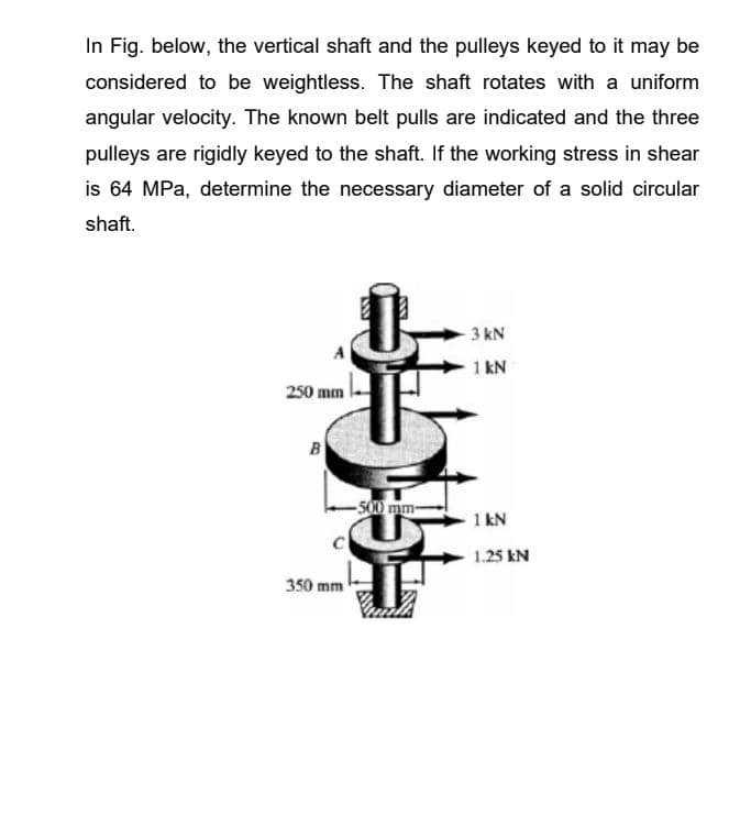 In Fig. below, the vertical shaft and the pulleys keyed to it may be
considered to be weightless. The shaft rotates with a uniform
angular velocity. The known belt pulls are indicated and the three
pulleys are rigidly keyed to the shaft. If the working stress in shear
is 64 MPa, determine the necessary diameter of a solid circular
shaft.
3 kN
1 kN
250 mm
B
-500 mm-
1 kN
1.25 kN
350 mm
