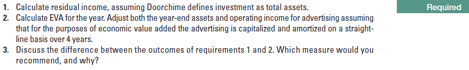 1. Calculate residual income, assuming Doorchime defines investment as total assets.
2. Calculate EVA for the year. Adjust both the year-end assets and operating income for advertising assuming
that for the purposes of economic value added the advertising is capitalized and amortized on a straight-
line basis over 4 years.
3. Discuss the difference between the outcomes of requirements 1 and 2. Which measure would you
recommend, and why?
Required
