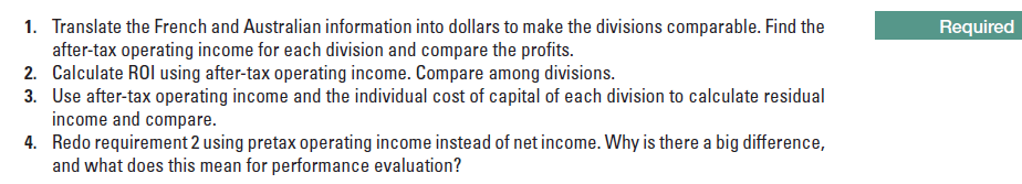 1. Translate the French and Australian information into dollars to make the divisions comparable. Find the
after-tax operating income for each division and compare the profits.
2. Calculate ROI using after-tax operating income. Compare among divisions.
3. Use after-tax operating income and the individual cost of capital of each division to calculate residual
income and compare.
4. Redo requirement 2 using pretax operating income instead of net income. Why is there a big difference,
and what does this mean for performance evaluation?
Required
