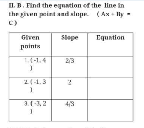 II. B. Find the equation of the line in
the given point and slope. (Ax + By =
c)
Given
Slope
Equation
points
1. (-1, 4
2/3
2. (-1, 3
3. (-3, 2
4/3
2.
