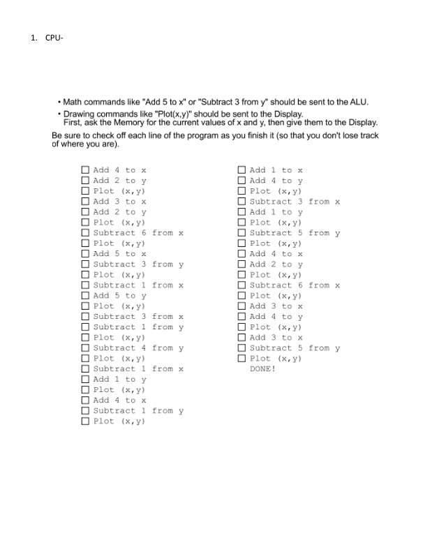 1. CPU-
• Math commands like "Add 5 to x" or "Subtract 3 from y" should be sent to the ALU.
• Drawing commands like "Plot(x,y)" should be sent to the Display.
First, ask the Memory for the current values of x and y, then give them to the Display.
Be sure to check off each line of the program as you finish it (so that you don't lose track
of where you are).
Add 4 to x
Add 2 toy
Plot (x, y)
Add 1 to x
Add 4 to y
Plot (x, y)
Add 3 to x
Add 2 to y
O Plot (x, y)
O Subtract 6 from x
Plot (x,y)
Subtract 3 from x
Add 1 to y
Plot (x,y)
Subtract 5 from y
Plot (x, y)
Add 4 to x
Add 2 to y
Plot (x, y)
Add 5 to x
Subtract 3 from y
Plot (x,y)
O Subtract 1 from x
O Add 5 to y
Plot (x, y)
Subtract 6 from x
Plot (x, y)
Add 3 to x
Subtract 3 from x
Add 4 to y
Subtract 1 from y
O Plot (x,y)
O subtract 4 from y
O Plot (x, y)
Plot (x, y)
Add 3 to x
Subtract 5 from y
Plot (x, y)
Subtract 1 from x
DONE !
Add 1 to y
Plot (x, y)
Add 4 to x
O Subtract 1 from y
O Plot (x,y)
