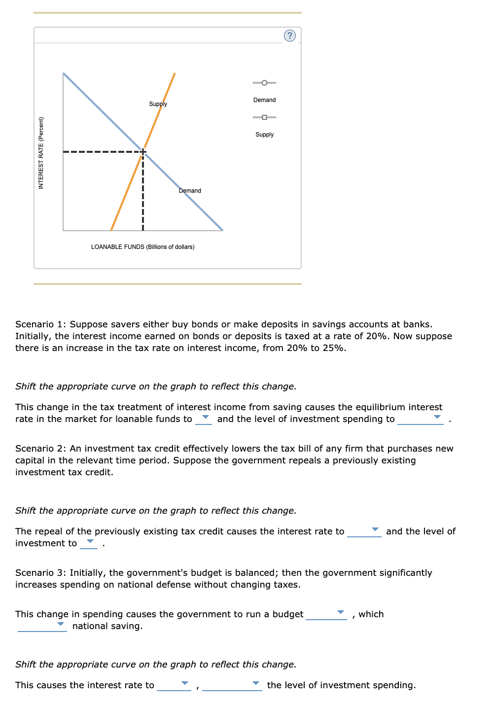 INTEREST RATE (Percent)
Supply
Demand
LOANABLE FUNDS (Billions of dollars)
Demand
Supply
?
Scenario 1: Suppose savers either buy bonds or make deposits in savings accounts at banks.
Initially, the interest income earned on bonds or deposits is taxed at a rate of 20%. Now suppose
there is an increase in the tax rate on interest income, from 20% to 25%.
Shift the appropriate curve on the graph to reflect this change.
This change in the tax treatment of interest income from saving causes the equilibrium interest
rate in the market for loanable funds to and the level of investment spending to
Scenario 2: An investment tax credit effectively lowers the tax bill of any firm that purchases new
capital in the relevant time period. Suppose the government repeals a previously existing
investment tax credit.
Shift the appropriate curve on the graph to reflect this change.
The repeal of the previously existing tax credit causes the interest rate to
investment to
Scenario 3: Initially, the government's budget is balanced; then the government significantly
increases spending on national defense without changing taxes.
This change in spending causes the government to run a budget
national saving.
Shift the appropriate curve on the graph to reflect this change.
This causes the interest rate to
I
and the level of
which
the level of investment spending.