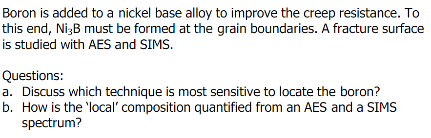 Boron is added to a nickel base alloy to improve the creep resistance. To
this end, Nİ3B must be formed at the grain boundaries. A fracture surface
is studied with AES and SIMS.
Questions:
a. Discuss which technique is most sensitive to locate the boron?
b. How is the 'local' composition quantified from an AES and a SIMS
spectrum?
