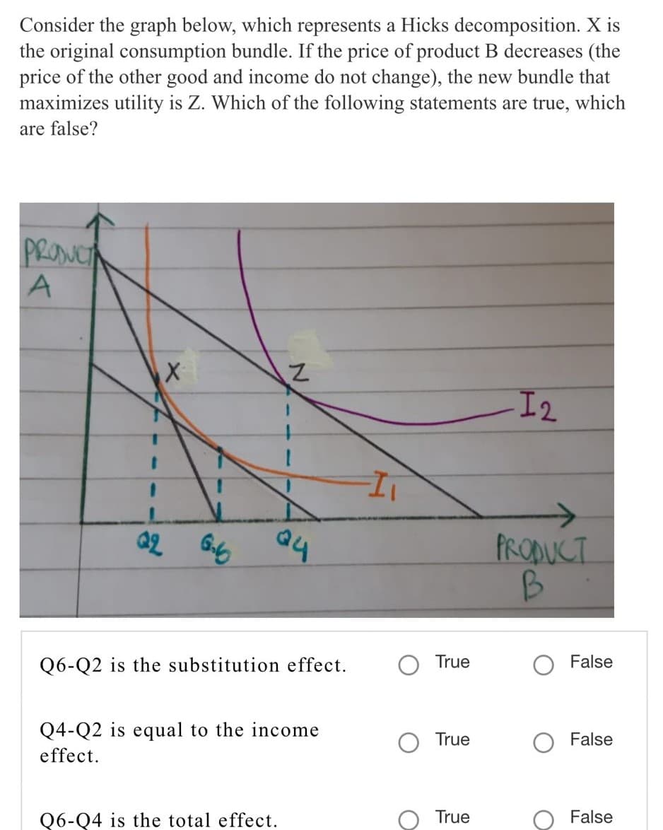 Consider the graph below, which represents a Hicks decomposition. X is
the original consumption bundle. If the price of product B decreases (the
price of the other good and income do not change), the new bundle that
maximizes utility is Z. Which of the following statements are true, which
are false?
PRONC
A
I2
PRODUCT
Q6-Q2 is the substitution effect.
True
False
Q4-Q2 is equal to the income
True
False
effect.
Q6-Q4 is the total effect.
True
False
