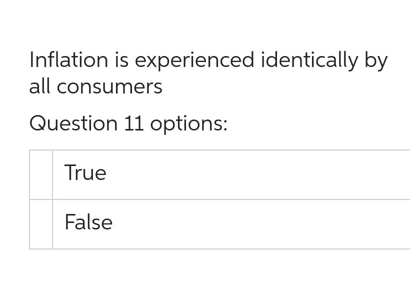 Inflation is experienced identically by
all consumers
Question 11 options:
True
False