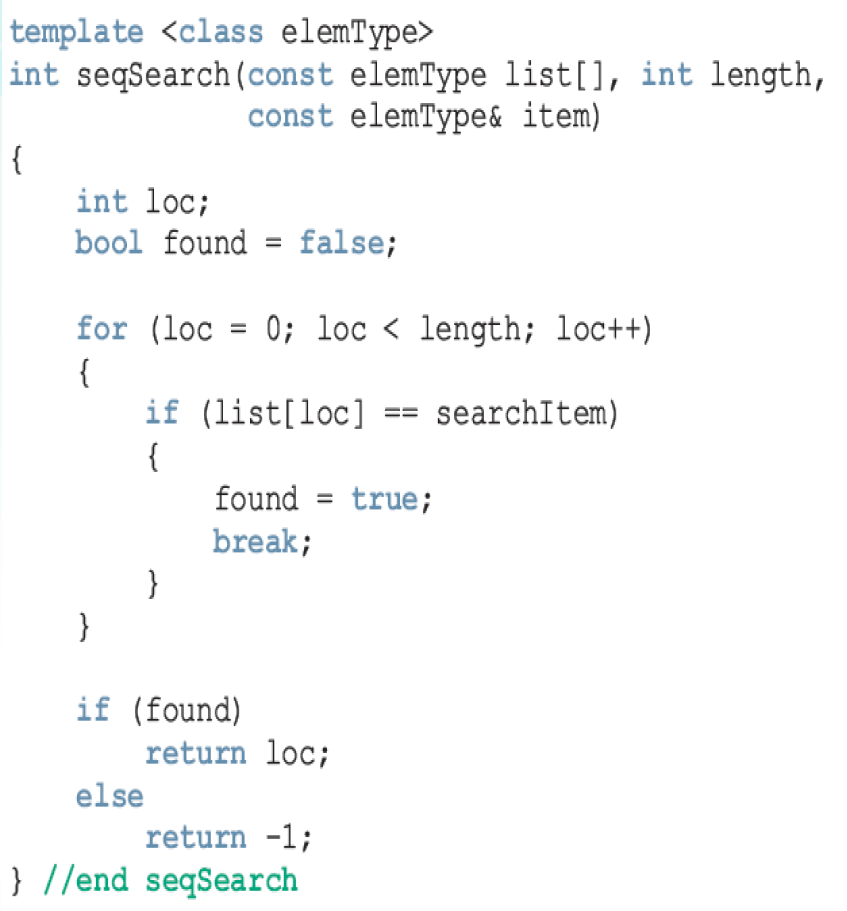 template <class elemType>
int seqSearch(const elemType list[], int length,
const elemType& item)
{
int loc;
bool found = false;
for (loc = 0; loc < length; loc++)
{
if (list[loc] == searchItem)
{
found = true;
break;
}
}
if (found)
return loc;
else
return -1;
} //end seqSearch
