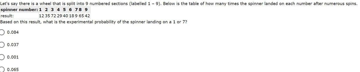 Let's say there is a wheel that is split into 9 numbered sections (labelled 1 - 9). Below is the table of how many times the spinner landed on each number after numerous spins.
spinner number: 1 2 3 4 5 6 78 9
result:
12 35 72 29 40 18 9 65 42
Based on this result, what is the experimental probability of the spinner landing on a 1 or 7?
0.084
0.037
O 0.001
0.065
