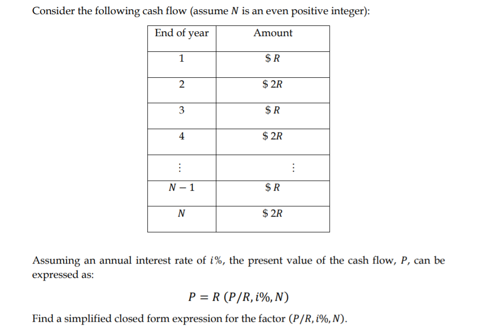 Consider the following cash flow (assume N is an even positive integer):
End of year
Amount
1
$ R
2
$ 2R
3
$ R
4
$ 2R
N – 1
$ R
$ 2R
Assuming an annual interest rate of i%, the present value of the cash flow, P, can be
expressed as:
P = R (P/R, i%,N)
Find a simplified closed form expression for the factor (P/R, i%, N).
