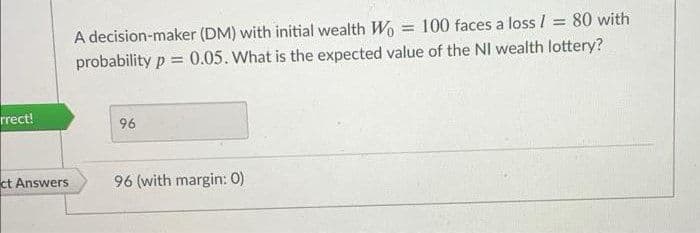 A decision-maker (DM) with initial wealth Wo
probability p =
= 100 faces a loss I = 80 with
0.05. What is the expected value of the NI wealth lottery?
%3D
rrect!
96
ct Answers
96 (with margin: 0)
