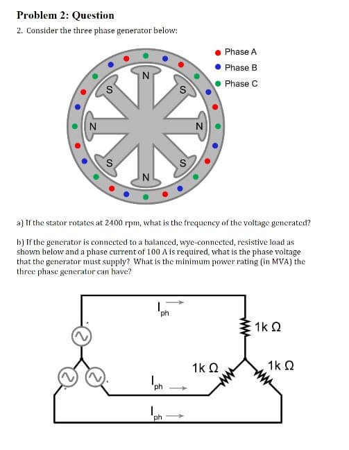 Problem 2: Question
2. Consider the three phase generator below:
Phase A
Phase B
N
Phase C
N
N
a) If the stator rotates at 2400 rpm, what is the frequency of the voltage generated?
b) If the generator is connected to a balanced, wyc-connected, resistive load as
shown below and a phase current of 100 A is required, what is the phase voltage
that the generator must supply? What is the minimum power rating (in MVA) the
three phase generator can have?
ph
1k Q
1k Q
1k Q
ph
ph
