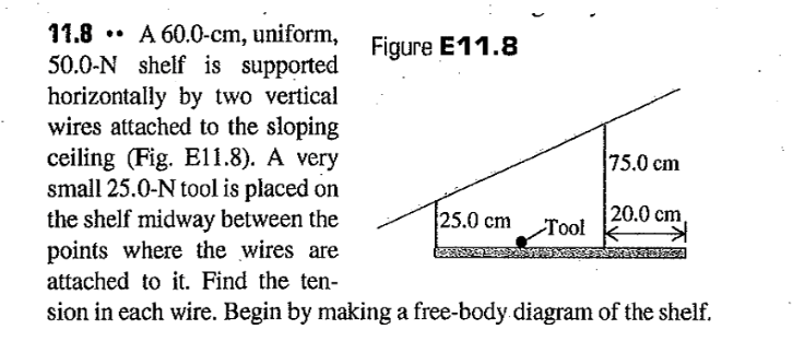 Figure E11.8
11.8 A 60.0-cm, uniform,
50.0-N shelf is supported
horizontally by two vertical
wires attached to the sloping
ceiling (Fig. E11.8). A very
small 25.0-N tool is placed on
the shelf midway between the
points where the wires are
attached to it. Find the ten-
75.0 cm
20.0 cm,
25.0 cm
Tool
sion in each wire. Begin by making a free-body diagram of the shelf.