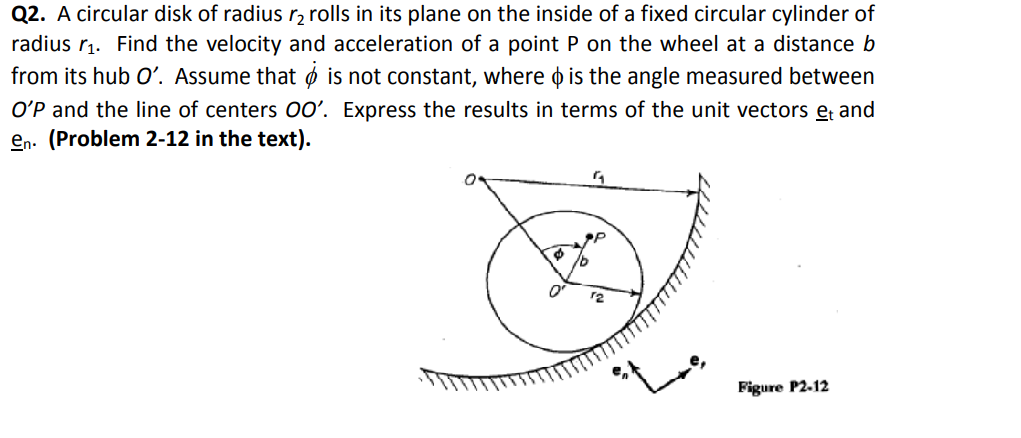 Q2. A circular disk of radius r2 rolls in its plane on the inside of a fixed circular cylinder of
radius r1. Find the velocity and acceleration of a point P on the wheel at a distance b
from its hub O'. Assume that ø is not constant, where o is the angle measured between
OʻP and the line of centers 00'. Express the results in terms of the unit vectors e and
en. (Problem 2-12 in the text).
12
Figure P2.12
