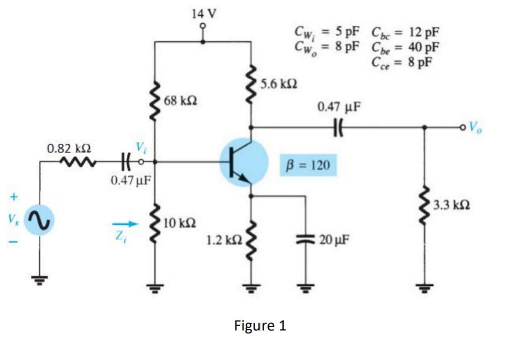 14 V
Cw = 5 pF Chc = 12 pF
Cw = 8 pF Cbe = 40 pF
Cce = 8 pF
5.6 k2
68 k2
0.47 µF
0.82 k2
B = 120
0.47 µF
3.3 k2
10 k2
1.2 k2
20 µF
Figure 1
O
