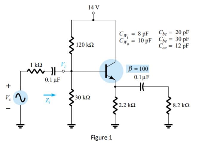 14 V
Cw, = 8 pF
CWi
Chc - 20 pF
= 10 pF Cbe = 30 pF
Cwo
120 k2
Cee = 12 pF
1 k2
B = 100
%3D
0.1 µF
0.1 µF
+
v, V
30 k2
2.2 k2
8.2 k2
Figure 1
