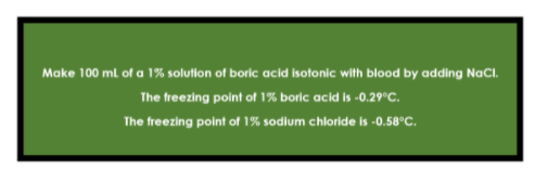 Make 100 ml of a 1% solution of boric acid isotonic with blood by adding NaCl.
The freezing point of 1% boric acid is -0.29°C.
The freezing point of 1% sodium chloride is -0.58°C.
