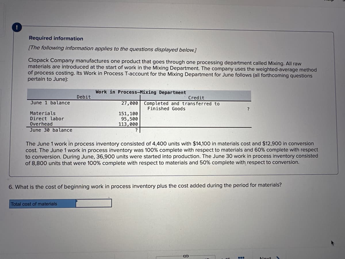 !
Required information
[The following information applies to the questions displayed below.]
Clopack Company manufactures one product that goes through one processing department called Mixing. All raw
materials are introduced at the start of work in the Mixing Department. The company uses the weighted-average method
of process costing. Its Work in Process T-account for the Mixing Department for June follows (all forthcoming questions
pertain to June):
June 1 balance
Materials
Direct labor
Overhead
June 30 balance
Debit
Work in Process-Mixing Department
Total cost of materials
27,000
151, 100
95,500
113,000
?
Credit
Completed and transferred to
Finished Goods
The June 1 work in process inventory consisted of 4,400 units with $14,100 in materials cost and $12,900 in conversion
cost. The June 1 work in process inventory was 100% complete with respect to materials and 60% complete with respect
to conversion. During June, 36,900 units were started into production. The June 30 work in process inventory consisted
of 8,800 units that were 100% complete with respect to materials and 50% complete with respect to conversion.
6. What is the cost of beginning work in process inventory plus the cost added during the period for materials?
?
S
‒‒‒
Next