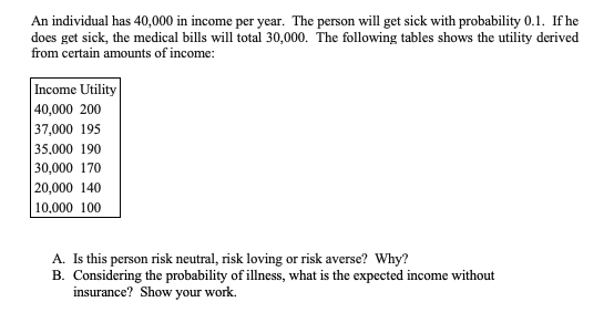 An individual has 40,000 in income per year. The person will get sick with probability 0.1. If he
does get sick, the medical bills will total 30,000. The following tables shows the utility derived
from certain amounts of income:
Income Utility
40,000 200
|37,000 195
35,000 190
30,000 170
|20,000 140
10.000 100
A. Is this person risk neutral, risk loving or risk averse? Why?
B. Considering the probability of illness, what is the expected income without
insurance? Show your work.

