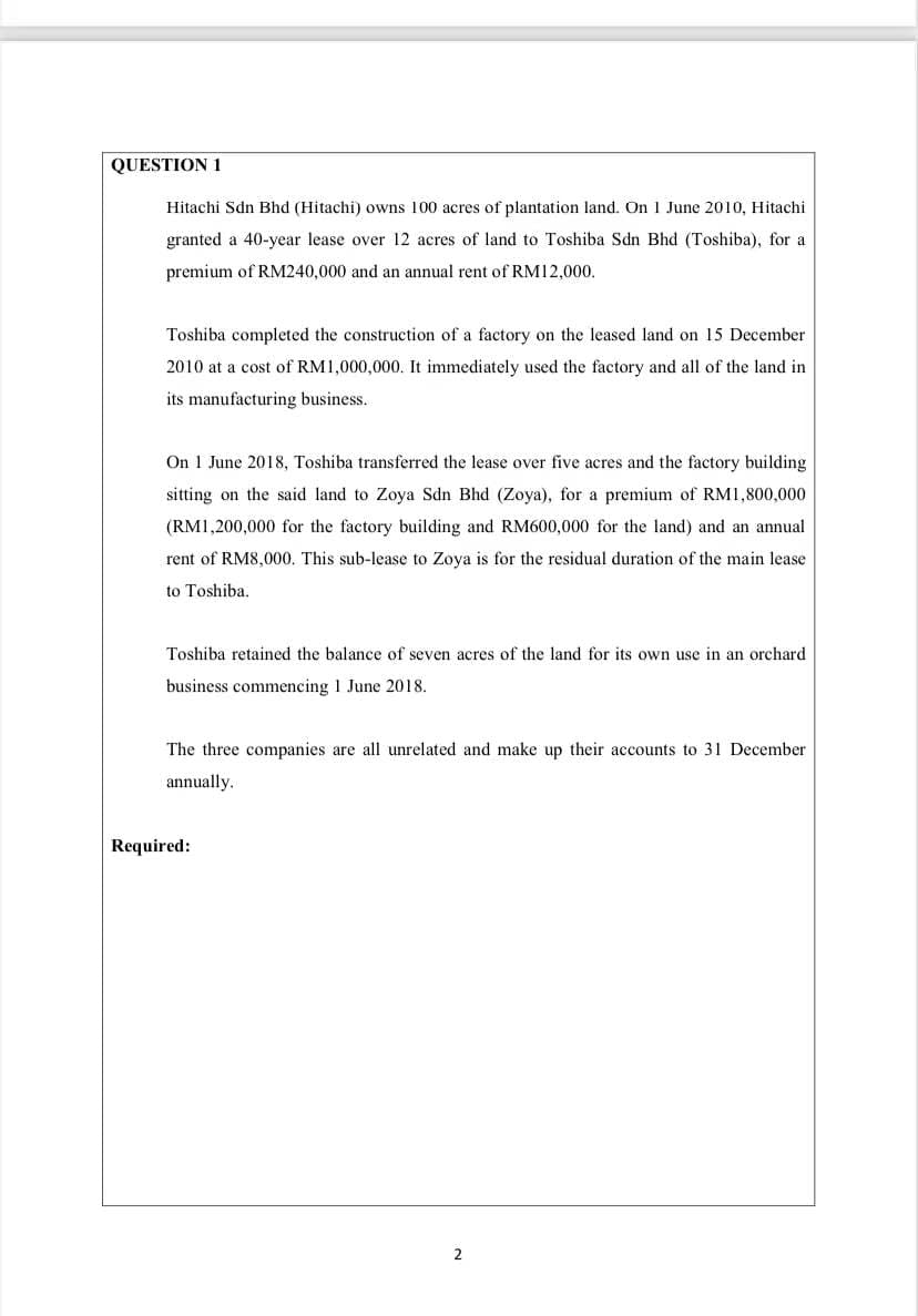 QUESTION 1
Hitachi Sdn Bhd (Hitachi) owns 100 acres of plantation land. On 1 June 2010, Hitachi
granted a 40-year lease over 12 acres of land to Toshiba Sdn Bhd (Toshiba), for a
premium of RM240,000 and an annual rent of RM12,000.
Toshiba completed the construction of a factory on the leased land on 15 December
2010 at a cost of RM1,000,000. It immediately used the factory and all of the land in
its manufacturing business.
On 1 June 2018, Toshiba transferred the lease over five acres and the factory building
sitting on the said land to Zoya Sdn Bhd (Zoya), for a premium of RM1,800,000
(RM1,200,000 for the factory building and RM600,000 for the land) and an annual
rent of RM8,000. This sub-lease to Zoya is for the residual duration of the main lease
to Toshiba.
Toshiba retained the balance of seven acres of the land for its own use in an orchard
business commencing 1 June 2018.
The three companies are all unrelated and make up their accounts to 31 December
annually.
Required:
