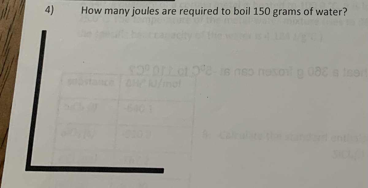 4)
How many joules are required to boil 150 grams of water?
90° 01 of 5°2-16 nso nosol p 088 s teor
substance AH U/mo!
8.
standard enthal