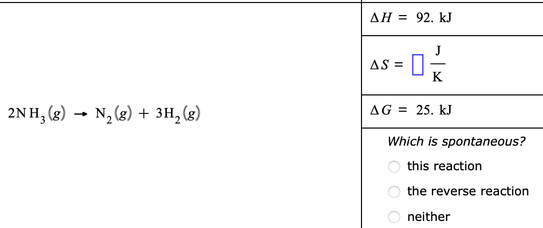 2NH₂(g) → N₂(g) + 3H₂(g)
AH = 92. kJ
AS =
J
K
AG = 25. kJ
Which is spontaneous?
this reaction
the reverse reaction
neither