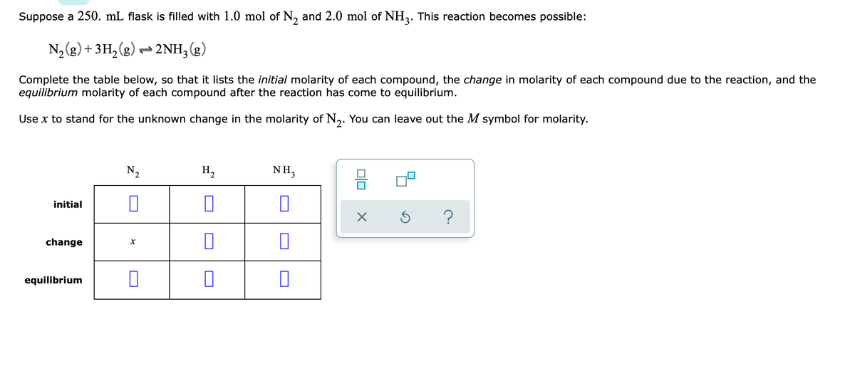 Suppose a 250. mL flask is filled with 1.0 mol of N, and 2.0 mol of NH,. This reaction becomes possible:
N2 (g) + 3H,(g) – 2NH, (g)
2NH3 (g)
Complete the table below, so that it lists the initial molarity of each compound, the change in molarity of each compound due to the reaction, and the
equilibrium molarity of each compound after the reaction has come to equilibrium.
Use x to stand for the unknown change in the molarity of N,. You can leave out the M symbol for molarity.
N2
H,
NH,
initial
?
change
equilibrium
