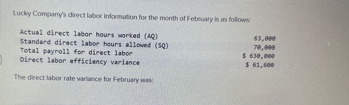 Lucky Company's direct labor information for the month of February is as follows:
Actual direct labor hours worked (AQ)
Standard direct labor hours allowed (SQ)
Total payroll for direct labor
Direct labor efficiency variance
The direct labor rate variance for February was:
63,000
70,000
$ 630,000
$ 61,600