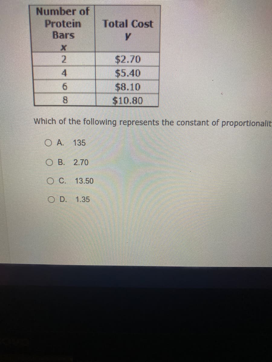 Number of
Protein
Bars
Total Cost
$2.70
4
$5.40
$8.10
$10.80
8.
Which of the following represents the constant of proportionalit
O A. 135
ов.
2.70
OC.
13.50
O D.
1.35
