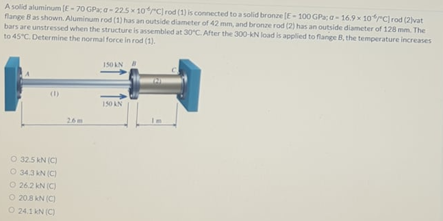 A solid aluminum (E- 70 GPa; a - 225 x 10 C) rod (1) is connected to a solid bronze [E - 100 GPa; a- 16.9 x 10rC) rod (2)vat
flange B as shown. Aluminum rod (1) has an outside diameter of 42 mm, and bronze rod (2) has an outside diameter of 128 mm. The
bars are unstressed when the structure is assembled at 30°C. After the 300-kN load is applied to flange B, the temperature increases
to 45°C. Determine the normal force in rod (1).
150 AN
()
150 AN
26 m
m
O 32.5 kN (C)
O 34.3 kN (C)
O 26.2 kN (C)
O 20.8 kN (C)
O 24.1 kN (C)
