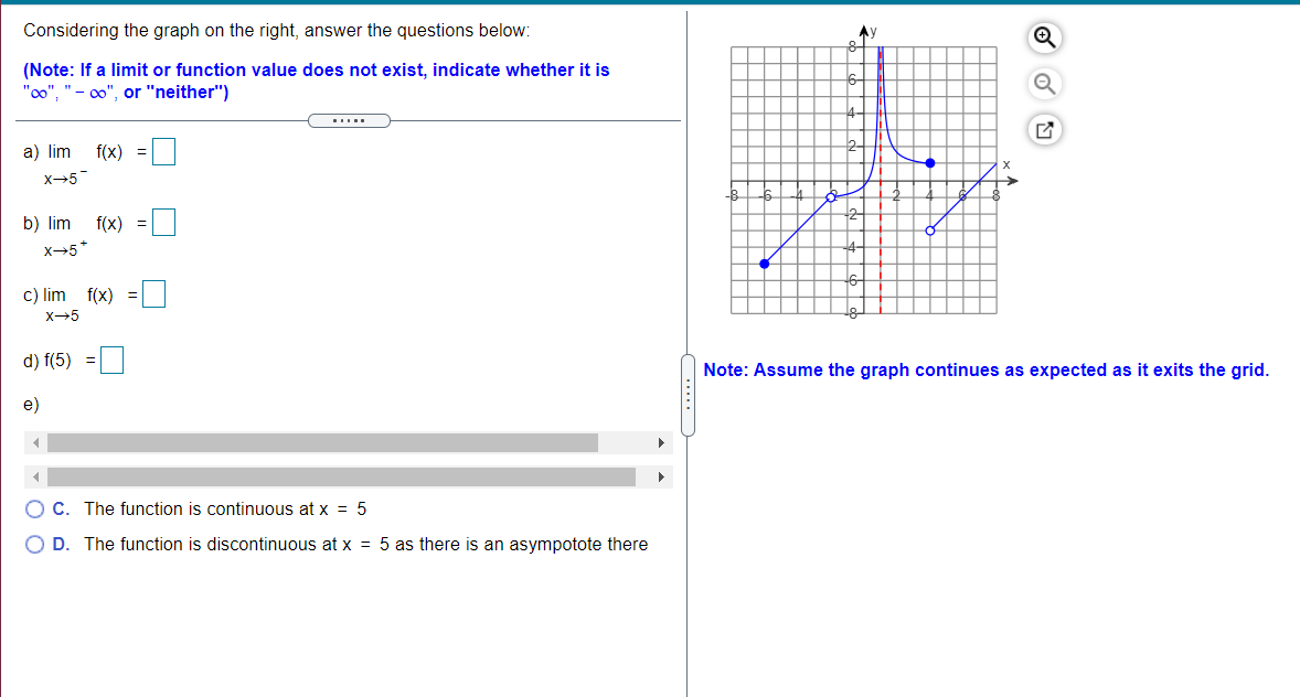 Considering the graph on the right, answer the questions below:
Ay
(Note: If a limit or function value does not exist, indicate whether it is
"c",
co", or "neither")
.....
a) lim
f(x)
x-5
b) lim
f(x)
x-5*
c) lim f(x) =
X-5
d) f(5) =
Note: Assume the graph continues as expected as it exits the grid.
e)
O C. The function is continuous at x = 5
OD.
The function is discontinuous at x = 5 as there is an asympotote there
