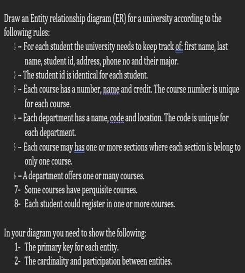 Draw an Entity relationship diagram (ER) for a university according to the
following rules:
+-- For each student the university needs to keep track of: first name, last
name, student id, address, phone no and their major.
- The student id is identical for each student.
-- Each course has a number, name and credit. The course number is unique
for each course.
+ -- Each department has a name, code and location. The code is unique for
each department.
- Each course may has one or more sections where each section is belong to
only one course.
-- A department offers one or many courses.
7- Some courses have perquisite courses.
8- Each student could register in one or more courses.
In your diagram you need to show the following:
1- The primary key for each entity.
2- The cardinality and participation between entities.