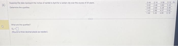 ↑
6
Suppose the data represent the inches of rainfall in April for a certain city over the course of 20 years
Determine the quarties.
What are the quarties?
9₁-0
(Round to three decimal places as needed.)
CETT
0.44 2.14 3.39 5.12
0.62 248 3.82 5.42
0.99 2.68 4.28 5.56
1.43 2.86 4.57 5.92
1.68 3.26 4.95 6.19