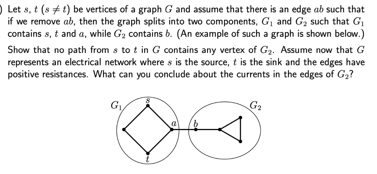 ) Let s, t (s ‡ t) be vertices of a graph G and assume that there is an edge ab such that
if we remove ab, then the graph splits into two components, G₁ and G₂ such that G₁
contains s,
t and a, while G₂ contains b. (An example of such a graph is shown below.)
Show that no path from s to t in G contains any vertex of G₂. Assume now that G
represents an electrical network where s is the source, t is the sink and the edges have
positive resistances. What can you conclude about the currents in the edges of G₂?
G₁
G₂