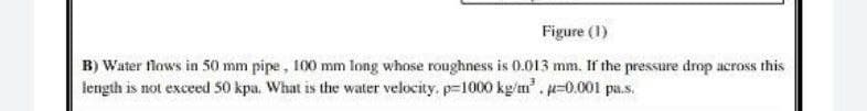 Figure (1)
B) Water flows in 50 mm pipe, 100 mm long whose roughness is 0.013 mm. If the pressure drop across this
length is not exceed 50 kpa. What is the water velocity, p-1000 kg/m², p=0.001 pa.s.