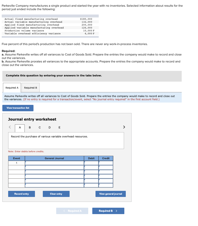Parkeville Company manufactures a single product and started the year with no inventories. Selected information about results for the
period just ended include the following:
Actual fixed manufacturing overhead
Actual variable manufacturing overhead
Applied fixed manufacturing overhead.
Applied variable manufacturing overhead
Production volume variance
Variable overhead efficiency variance
Five percent of this period's production has not been sold. There are never any work-in-process inventories.
Required:
a. Assume Parkeville writes off all variances to Cost of Goods Sold. Prepare the entries the company would make to record and close
out the variances.
b. Assume Parkeville prorates all variances to the appropriate accounts. Prepare the entries the company would make to record and
close out the variances.
Required A Required B
Complete this question by entering your answers in the tabs below.
View transaction list
Assume Parkeville writes off all variances to Cost of Goods Sold. Prepare the entries the company would make to record and close out
the variances. (If no entry is required for a transaction/event, select "No journal entry required" in the first account field.)
Journal entry worksheet
< A B C D E
$180,000
132,000
200,000
126,000
Note: Enter debits before credits.
Record the purchase of various variable overhead resources.
Event
1
10,000 F
4,000 F
Record entry
General Journal
Clear entry
Required A
Debit
Credit
View general journal
Required B >
