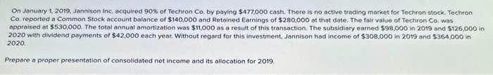 On January 1, 2019, Jannison Inc. acquired 90% of Techron Co. by paying $477,000 cash. There is no active trading market for Techron stock, Techron
Co, reported a Common Stock account balance of $140,000 and Retained Earnings of $280,000 at that date. The fair value of Techron Co. was
appraised at $530,000. The total annual amortization was $11,000 as a result of this transaction. The subsidiary earned $98,000 in 2019 and $126,000 in
2020 with dividend payments of $42,000 each year. Without regard for this investment, Jannison had income of $308,000 in 2019 and $364,000 in
2020.
Prepare a proper presentation of consolidated net income and its allocation for 2019,