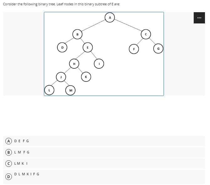 Consider the following binary tree. Leaf nodes in this binary subtree of E are:
(A)DEFG
B) LM FG
LM KI
DLMKIFG
