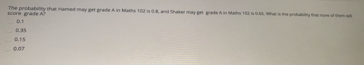 The probability that Hamed may get grade A in Maths 102 is 0.8, and Shaker may get grade A in Maths 102 is 0.65. What is the probability that none of them will
score grade A?
0.1
0.35
0.15
0.07
