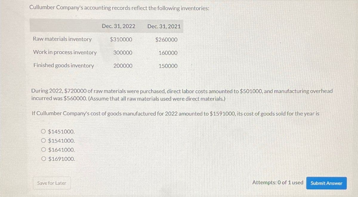 Cullumber Company's accounting records reflect the following inventories:
Dec. 31, 2022
Dec. 31, 2021
Raw materials inventory
$310000
$260000
Work in process inventory
300000
160000
Finished goods inventory
200000
150000
During 2022, $720000 of raw materials were purchased, direct labor costs amounted to $501000, and manufacturing overhead
incurred was $560000. (Assume that all raw materials used were direct materials.)
If Cullumber Company's cost of goods manufactured for 2022 amounted to $1591000, its cost of goods sold for the year is
O $1451000.
O $1541000.
O $1641000.
O $1691000.
Save for Later
Attempts: 0 of 1 used Submit Answer