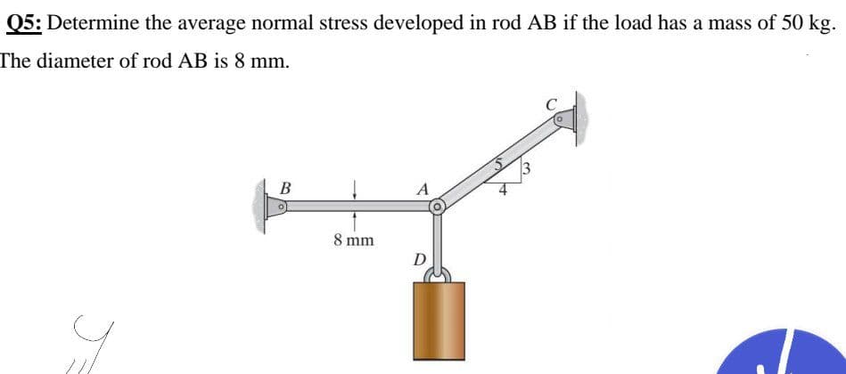 Q5: Determine the average normal stress developed in rod AB if the load has a mass of 50 kg.
The diameter of rod AB is 8 mm.
B
А
8 mm
D
3,
