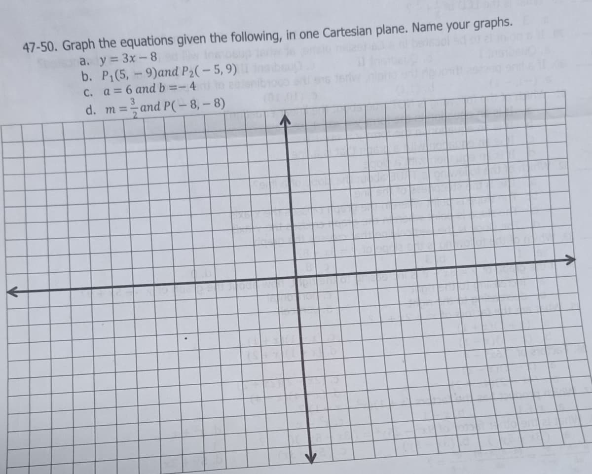 47-50. Graph the equations given the following, in one Cartesian plane. Name your graphs.
a. y 3x-8
b. P1(5, -9)and P2(-5, 9)
C. a 6 and b =-4
=and P(- 8, - 8)
d. m
