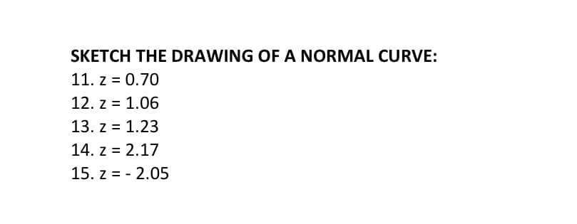 SKETCH THE DRAWING OF A NORMAL CURVE:
11. z = 0.70
12. z = 1.06
13. z = 1.23
14. z = 2.17
15. z = - 2.05
%D
%3D
