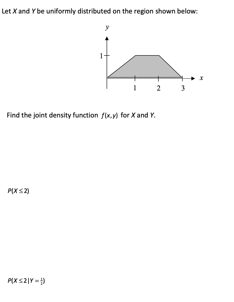 Let X and Y be uniformly distributed on the region shown below:
y
1
1
2
3
Find the joint density function f(x,y) for X and Y.
P(X<2)
P(X <2|Y = })
