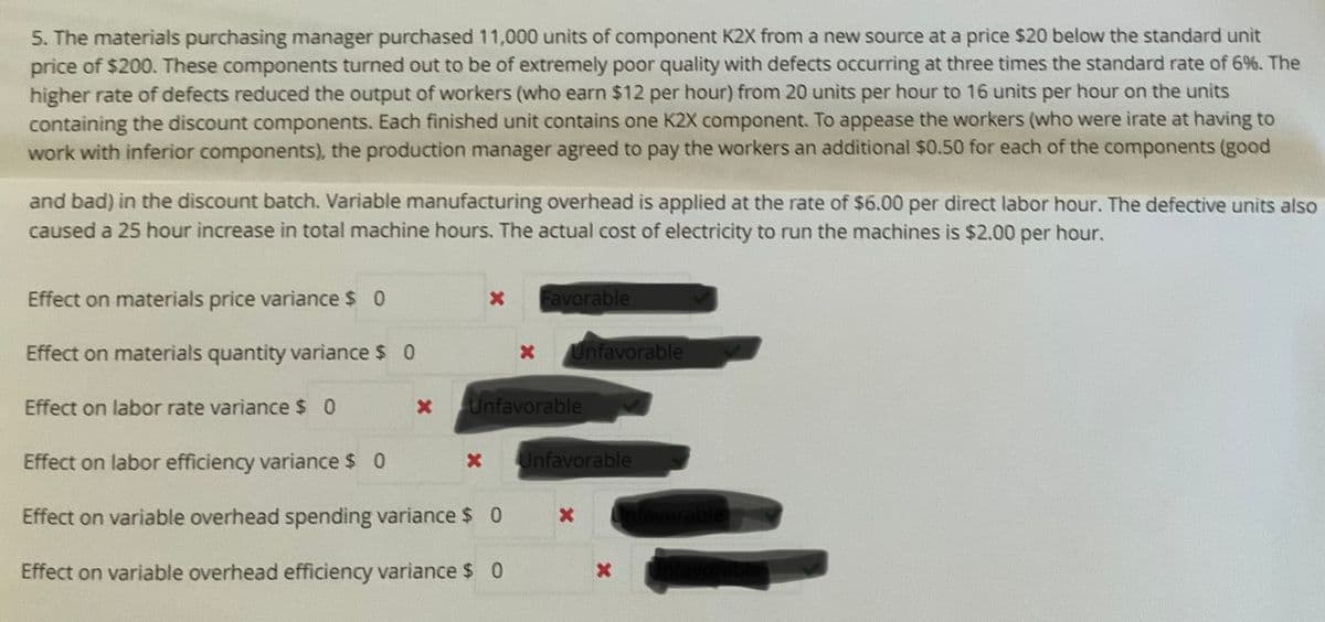 5. The materials purchasing manager purchased 11,000 units of component K2X from a new source at a price $20 below the standard unit
price of $200. These components turned out to be of extremely poor quality with defects occurring at three times the standard rate of 6%. The
higher rate of defects reduced the output of workers (who earn $12 per hour) from 20 units per hour to 16 units per hour on the units
containing the discount components. Each finished unit contains one K2X component. To appease the workers (who were irate at having to
work with inferior components), the production manager agreed to pay the workers an additional $0.50 for each of the components (good
and bad) in the discount batch. Variable manufacturing overhead is applied at the rate of $6.00 per direct labor hour. The defective units also
caused a 25 hour increase in total machine hours. The actual cost of electricity to run the machines is $2.00 per hour.
Favorable
* Unfavorable
X Unfavorable
€
Effect on labor efficiency variance $ 0
X Unfavorable
Effect on variable overhead spending variance $ 0 * Infavorable
Effect on variable overhead efficiency variance $0
Effect on materials price variance $ 0
Effect on materials quantity variance $ 0
Effect on labor rate variance $ 0
X