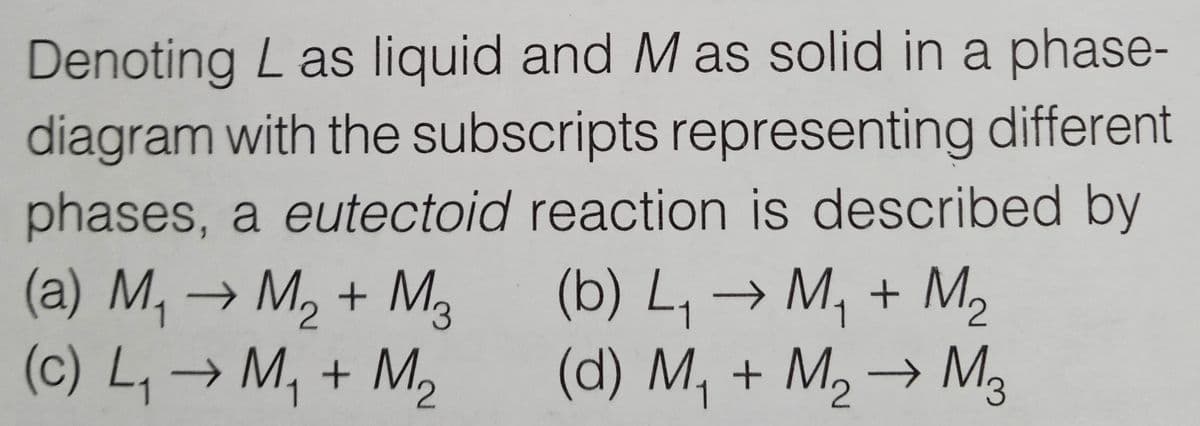 Denoting L as liquid and Mas solid in a phase-
diagram with the subscripts representing different
phases, a eutectoid reaction is described by
(a) M,→ M, + M.
(c) L, → M, + M,
(b) L, → M, + M2
(d) M, + M, → M3
