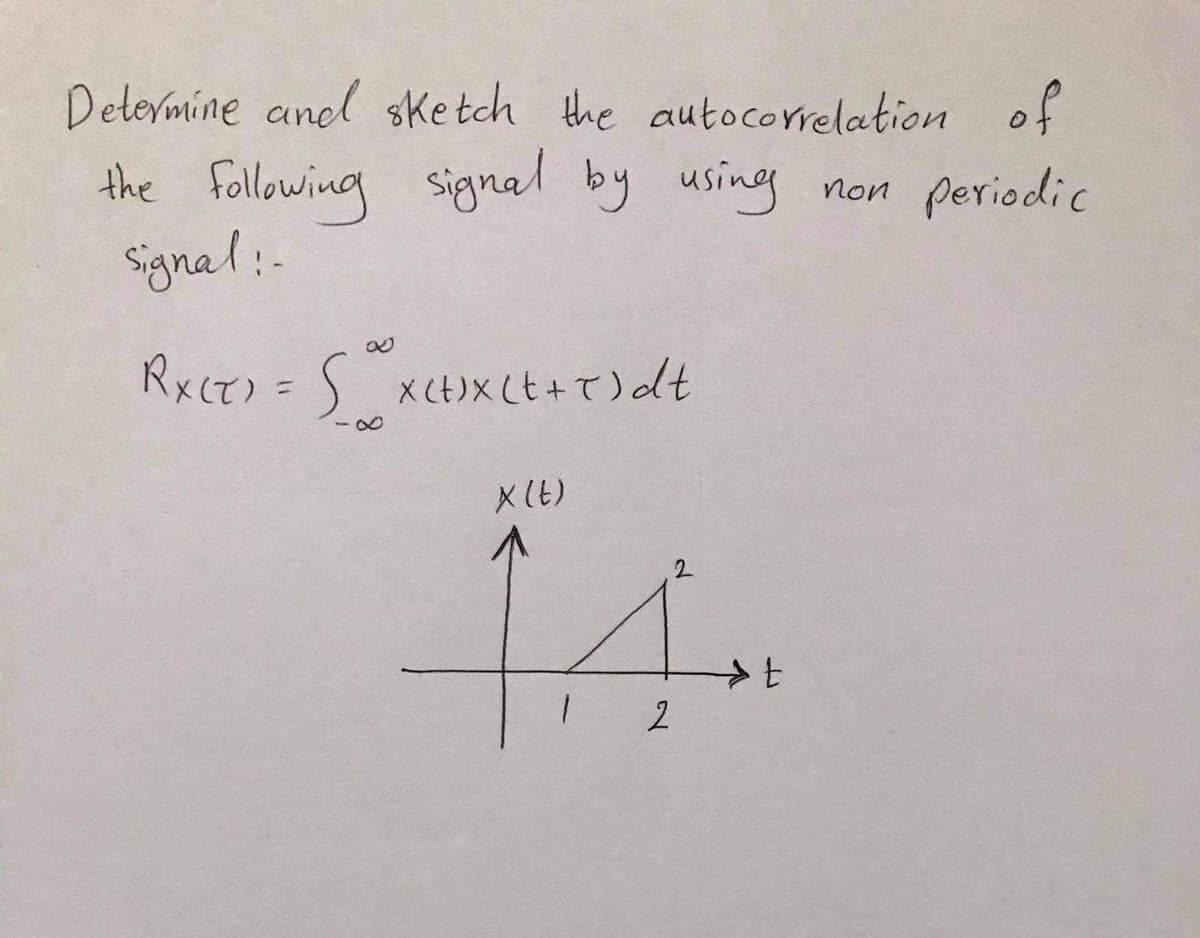 Delermine aned sKe tch the autocorelation of
the following signal by using non periodic
signal:-
Rx(て)= 5 xCt)Xしt+て)adt
X (t)
