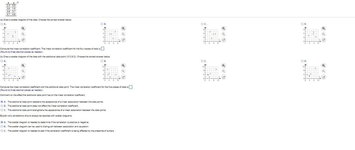2.3 3.8
3.8 1.5
2.9 3.7
4.7 4.9
(a) Draw a scatter diagram of the data. Choose the correct answer below.
OA.
OB.
В.
Oc.
O C.
OD.
Ay
Ay
Q
Ay
4-
4-
4-
2-
2-
2-
2-
4
Compute the linear correlation coefficient. The linear correlation coefficient for the four pieces of data is|
(Round to three decimal places as needed.)
(b) Draw a scatter diagram of the data with the additional data point (10.3,9.3). Choose the correct answer below.
OA.
OB.
Oc.
OD.
AY
12-
Ay
124
A
Ay
12-
12-
B-
8-
4-
4-
4-
4.
6 12
Compute the linear correlation coefficient with the additional data point. The linear correlation coefficient for the five pieces of data is
(Round to three decimal places as needed.)
Comment on the effect the additional data point has on the linear correlation coefficient.
O A. The additional data point weakens the appearance of a linear association between the data points.
O B. The additional data point does not affect the linear correlation coefficient.
O C. The additional data point strengthens the appearance of a linear association between the data points.
Explain why correlations should always be reported with scatter diagrams.
O A
The scatter diagram is needed to determine if the correlation is positive or negative.
O B. The scatter diagram can be used to distinguish between association and causation.
OC. The scatter diagram is needed to see if the correlation coefficient is being affected by the presence of outliers.
